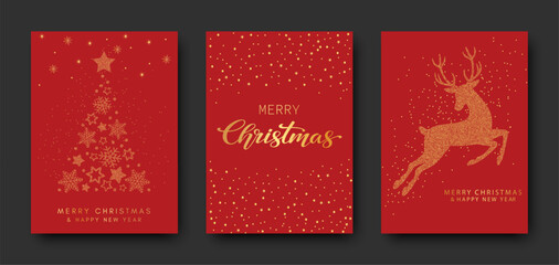 Luxury golden greeting card with Merry Christmas and Happy New Year. Christmas tree, deer made of gold foil on a red background.