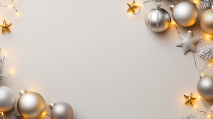 Festive arrangement of silver and gold Christmas ornaments with fairy lights on a soft neutral...