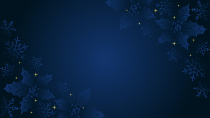 Navy christmas background with snowflake and ilex decorated gold shining stars