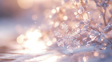 Delicate snowflake on frosty branches in dreamy winter wonderland