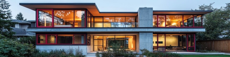 Evening lit modern Toronto home with ruby window frames, concrete and wood.