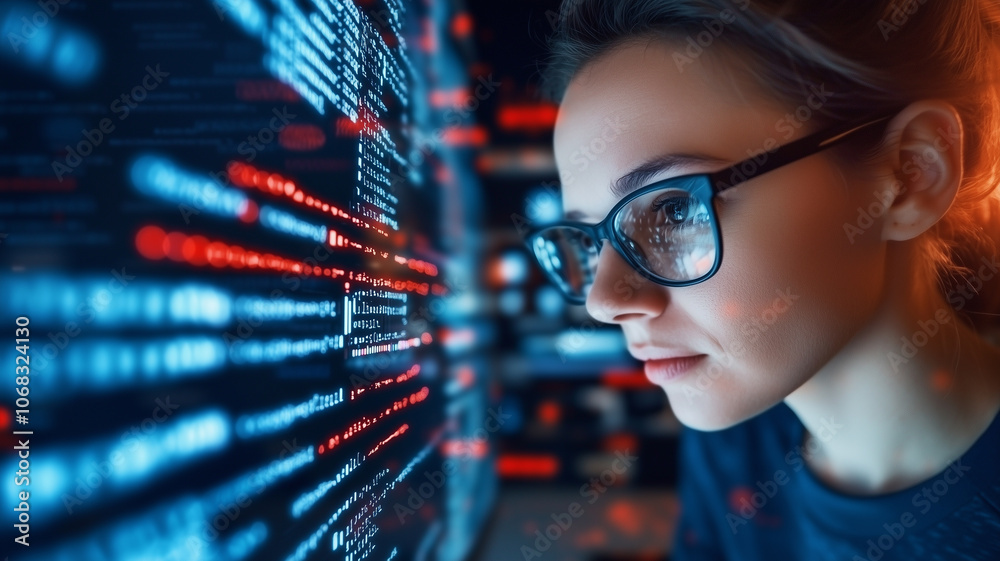 Aufkleber woman intensely focused on computer screen filled with code, showcasing her programming skills in tech environment. scene is illuminated by glow of monitor, highlighting her concentration