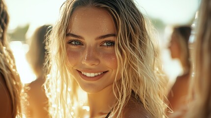 Fototapeta premium young woman with golden blonde hair smiles joyfully under the sunlight at an outdoor festival, surrounded by blurred lights and people in the background.