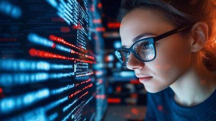 woman intensely focused on computer screen filled with code, showcasing her programming skills in tech environment. scene is illuminated by glow of monitor, highlighting her concentration