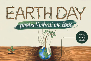 Earth Day illustration with hands planting seedling on globe