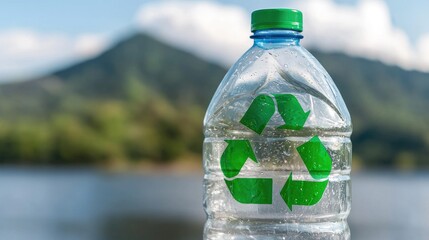 Plastic Bottle with Recycling Symbol Near Water Body