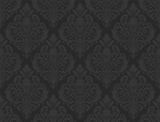 Dark damask pattern with subtle floral and swirling details on a black background. Damask seamless pattern.