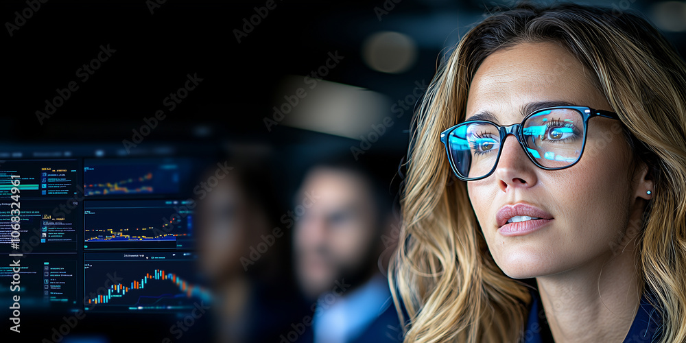 Poster focused woman in modern office setting analyzing data on computer screen, showcasing leadership and 