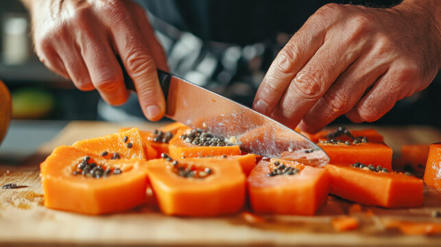 Close-up of hands slicing fresh papaya on wooden cutting board in kitchen