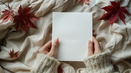 Hand Holding Blank White Invitation Mockup on Beige Linen Background with Autumn Leaves in Cozy, Feminine Aesthetic