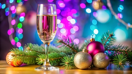 Christmas still life with champagne glass and festive decorations on colorful bright background with glitter sparkle bokeh. New Year and Christmas holiday template design, celebration, congratulation.