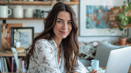 A smiling young woman in a floral blouse works from home, sitting at a desk with laptop and home decor visible in the background. Her long brown hair frames a warm, confident expression