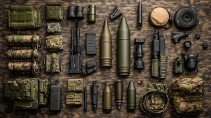 A flat lay of military gear and equipment on a wood background.