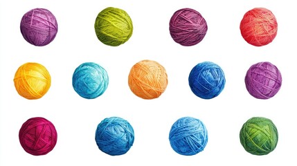 Colorful Yarn Balls in Various Shades on White Background