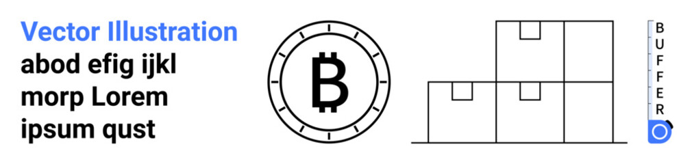 Bitcoin coin symbol in black, placeholder text in black, Buffer symbol on the right, stacked boxes in black outline. Ideal for cryptocurrency, fintech, blockchain, digital currency, investment, tech