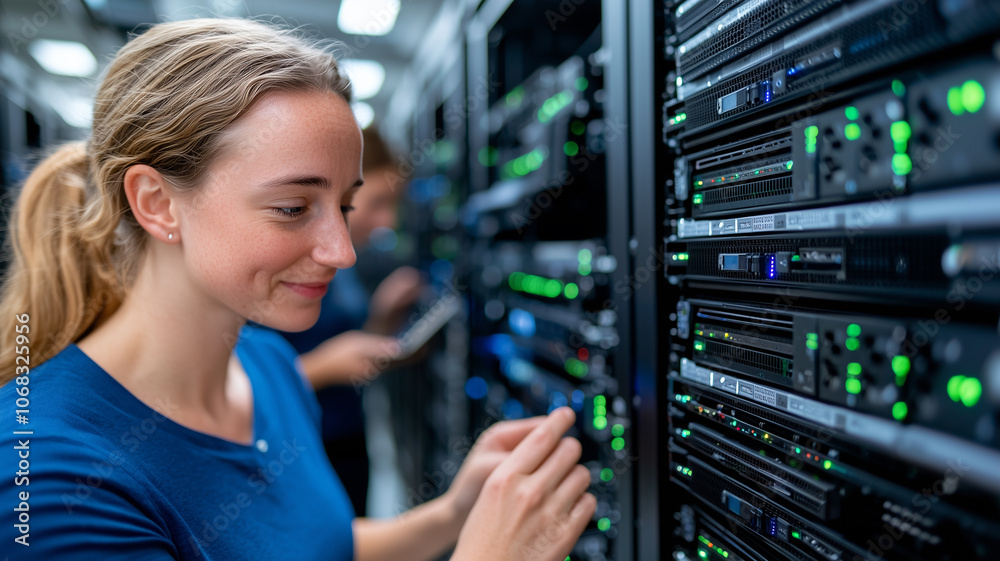 Poster female it professional collaborates with colleagues in server room, adjusting equipment with focus a