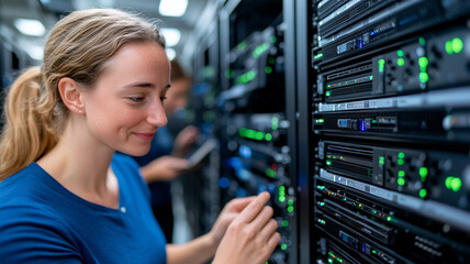 female IT professional collaborates with colleagues in server room, adjusting equipment with focus and expertise. environment is filled with technology and teamwork