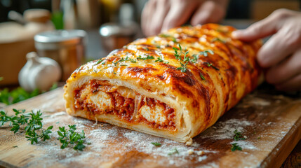 Freshly baked chicken parmesan stromboli being sliced on wooden cutting board