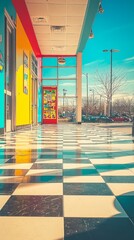 A vibrant hallway with colorful walls and a checkered floor.