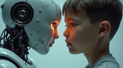 Young boy and humanoid robot face-to-face with glowing eyes, highlighting human-robot interaction on a light background. Futuristic AI and emotional bond concept for digital artwork and poster.