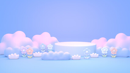 3D render cartoon empty podium in flower garden.