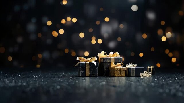 Black, golden and gray gift boxes with golden ribbon bow tag and golden confetti on blurred dark blue background with orange lights. New year. Birthday. Black friday discounts concept