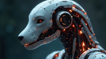 Cybernetic dog-like robot with glowing orange circuits and mechanical details on a dark background. Futuristic AI and robotics concept for sci-fi design and digital artwork.