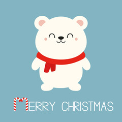 Merry Christmas. Candy cane. White polar bear in red scarf. Funny smiling face. Cute kawaii cartoon baby character. Greeting Card, sticker print. Childish style. Blue background. Flat design. Vector