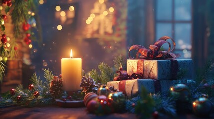 Softly lit Christmas candle casting warm light on a stack of gifts and ornaments, framed by greenery.