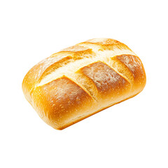 A fresh loaf of white bread showing its golden crust and soft interior, isolated on white transparent background.