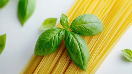 Fresh Basil on Pasta Background