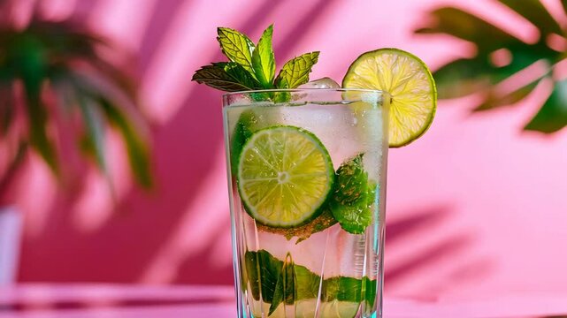 refreshing a glass of Mohito cocktail with sliced lime and mint leaf at cozy pink wall room 
