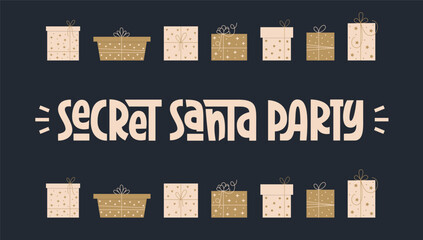 Naklejka premium Secret Santa Party Phrase with Gift Boxes Border. Festive Christmas Hand Lettering. New Year Horizontal Banner.