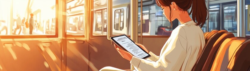 A mom on her morning commute to work, reading a document on her tablet in a bustling train