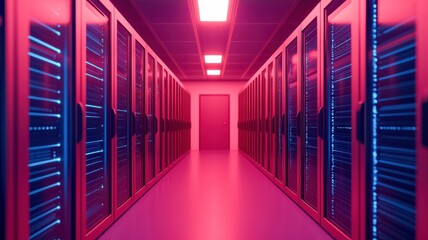 A futuristic data center corridor illuminated with vibrant pink and blue lights, lined with server racks on both sides leading to a central door.