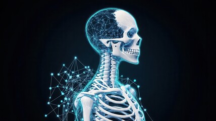 Abstract art of human skeleton with digital bonding lines, monochromatic with