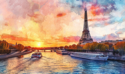 Obraz premium Watercolor The main attraction of Paris and all of Europe is the Eiffel tower in the rays of the setting sun on the bank of Seine river