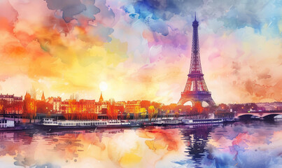 Watercolor The main attraction of Paris and all of Europe is the Eiffel tower in the rays of the setting sun on the bank of Seine river