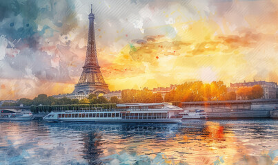 Watercolor The main attraction of Paris and all of Europe is the Eiffel tower in the rays of the setting sun on the bank of Seine river
