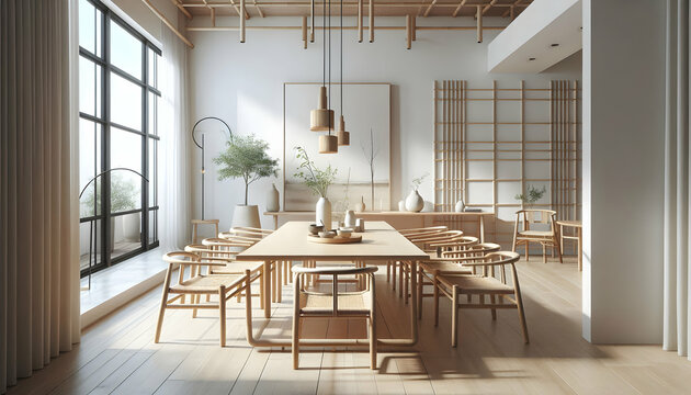 12 Showcase a Muji-style dining room with a bamboo table and minimalist chairs set against a white b4