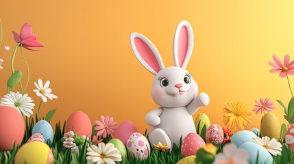 Obraz premium Cute Bunny with Colorful Eggs in Spring Landscape
