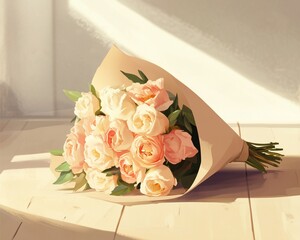 illustration of a bouquet of pastel roses and peonies wrapped in simple kraft paper, lying on a light wooden table, soft sunlight filtering in from the side