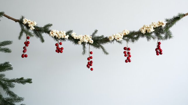 Homemade Christmas tree garland made from popcorn and cranberry strings, draped across a simple, natural fir branch.