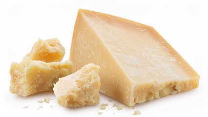 A wedge of parmesan cheese with crumbled pieces, isolated on white background. PNG transparent.
