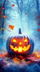 Obraz premium Glowing Jack O Lantern in Spooky Autumn Forest