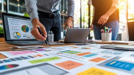 Fototapeta premium Business Meeting Brainstorming with Charts Graphs and Sticky Notes