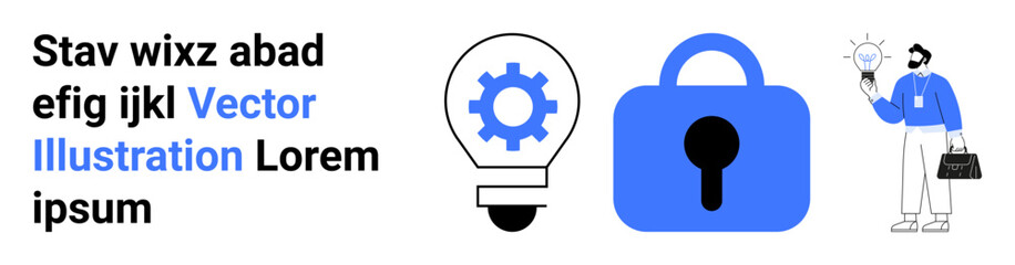 Light bulb with cogwheel and blue lock icon beside a person holding a light bulb and briefcase. Ideal for technology, security, innovation, business solutions, creativity, startups, and digital