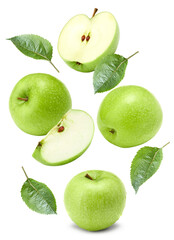 flying green apples with green leaf and slices isolated on a white background. clipping path