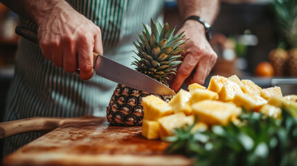 Man slicing pineapple with knife on wooden cutting board in kitchen