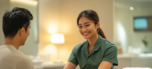 Obraz premium A smiling massage therapist in a green uniform delivers a soothing massage to a male client in a tranquil spa room, highlighting wellness and relaxation.